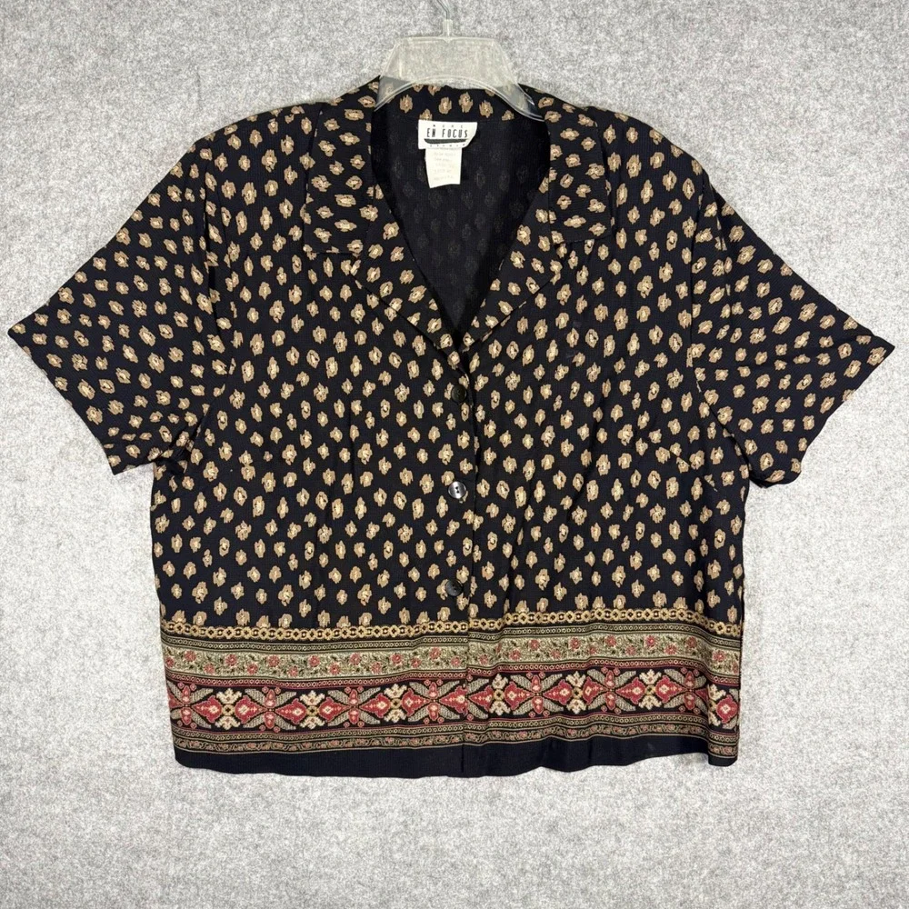 More En Focus Studio Blouse Women 16 Black Tan Vintage 90s Border Print 95277-T - Picture 1 of 7